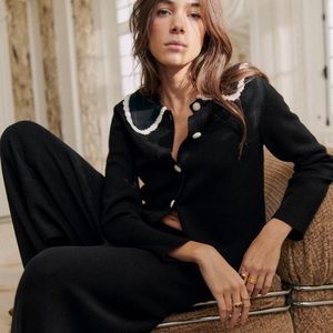 Sezane - Black Ecru Bettany Merino Wool Sweater Cardigan - S